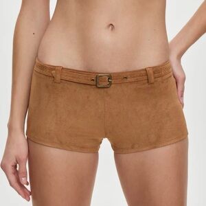 Frankie's Bikinis Suede-Look Belted Bike Shorts - Tan